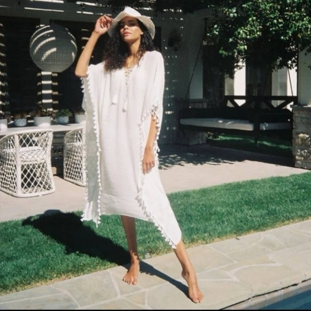 Walter Baker Acapulco Kaftan in Ivory Tassel Swim Cover-Up - OS